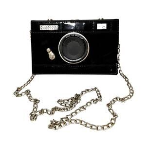 Black Evening Bag Novelty Camera shaped purse chunky silvertone chain strap